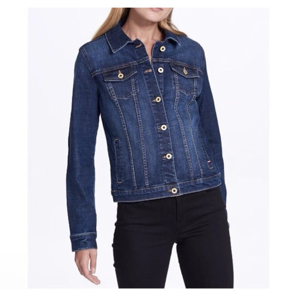 NWT Tommy Hilfiger Long Sleeve Dark Wash Denim Trucker Jacket Blue Women's Small - Picture 1 of 6